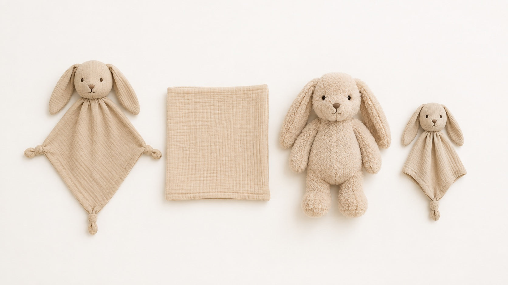Quatre formats de doudou alignés : plat, lange, peluche et mini