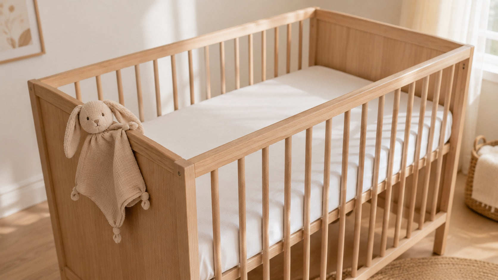 Un lit à barreaux vide, un doudou posé sur le rebord extérieur