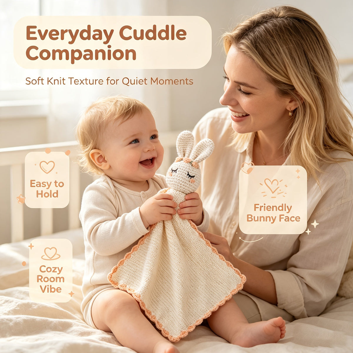 Doudou plat lapin au crochet, coloris écru
