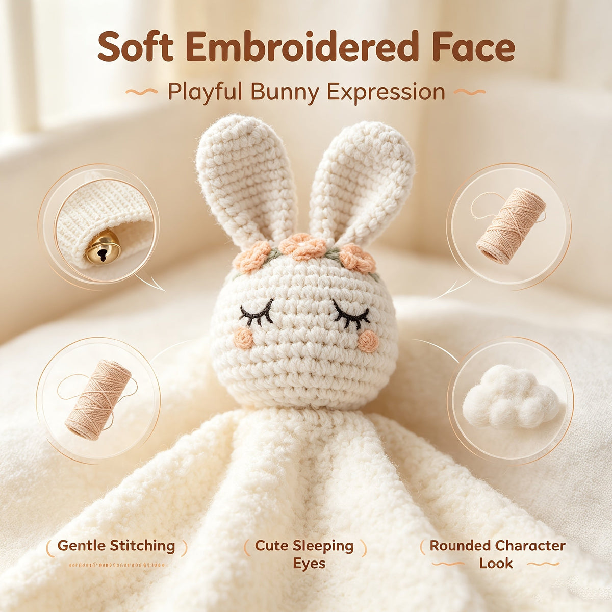 Doudou plat lapin au crochet, coloris écru