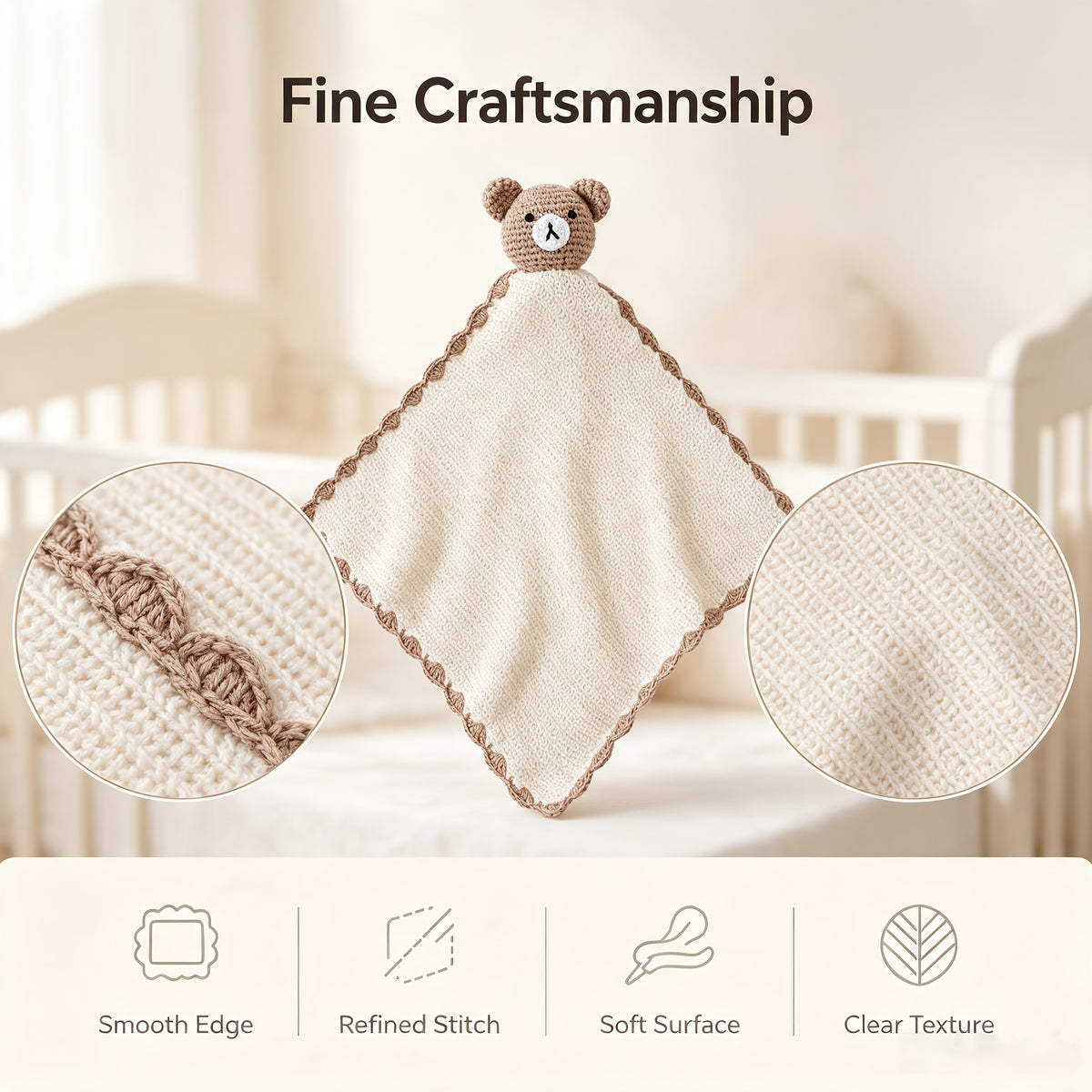 Doudou plat ours au crochet, grelot intégré