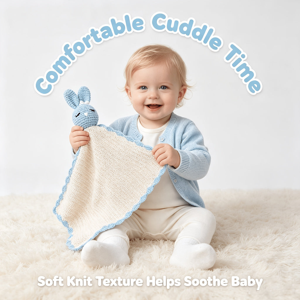 Doudou plat lapin au crochet, coloris bleu ciel