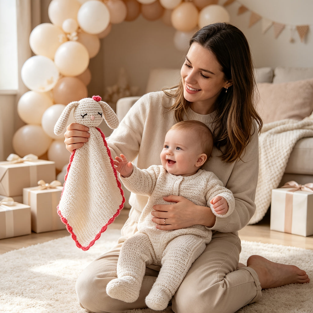 Doudou plat lapin au crochet, bordure contrastée, 3 coloris