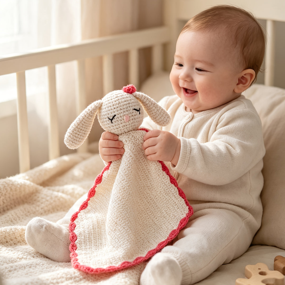 Doudou plat lapin au crochet, bordure contrastée, 3 coloris