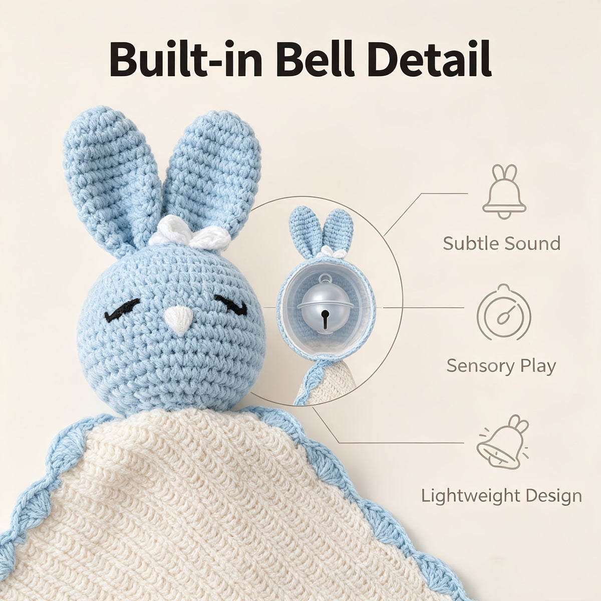 Doudou plat lapin au crochet, coloris bleu ciel