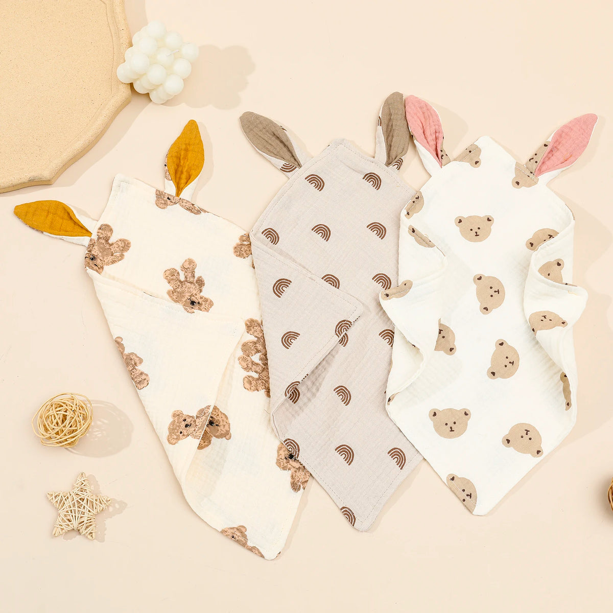 Doudou plat oreilles de lapin, gaze de coton, 9 motifs