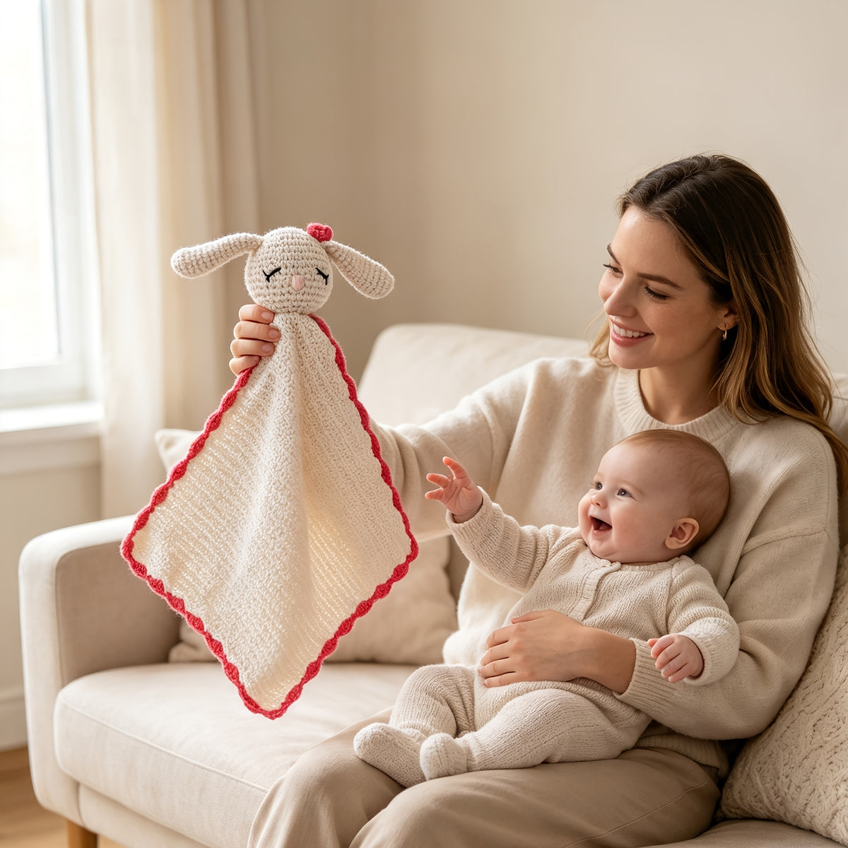Doudou plat lapin au crochet, bordure contrastée, 3 coloris
