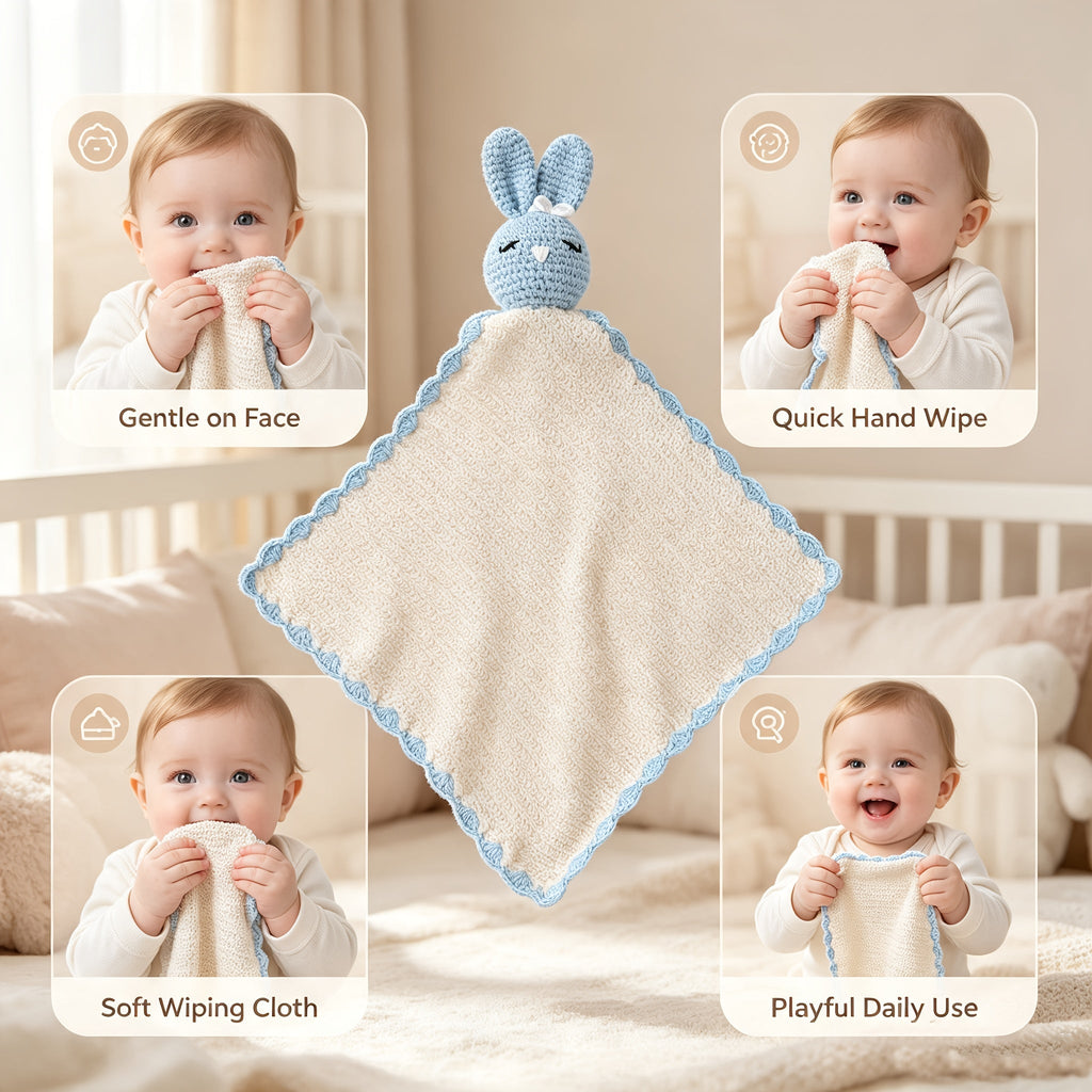 Doudou plat lapin au crochet, coloris bleu ciel