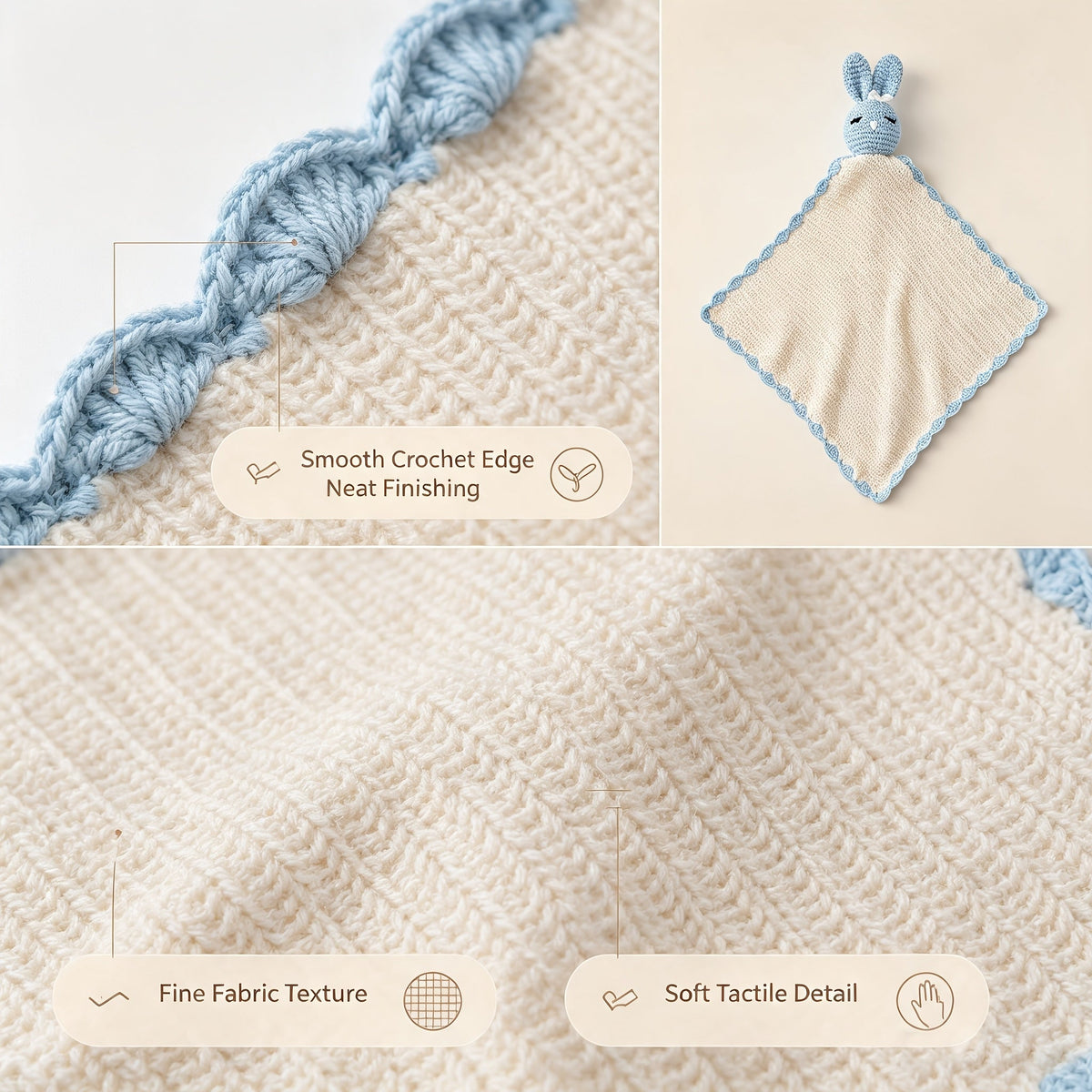 Doudou plat lapin au crochet, coloris bleu ciel