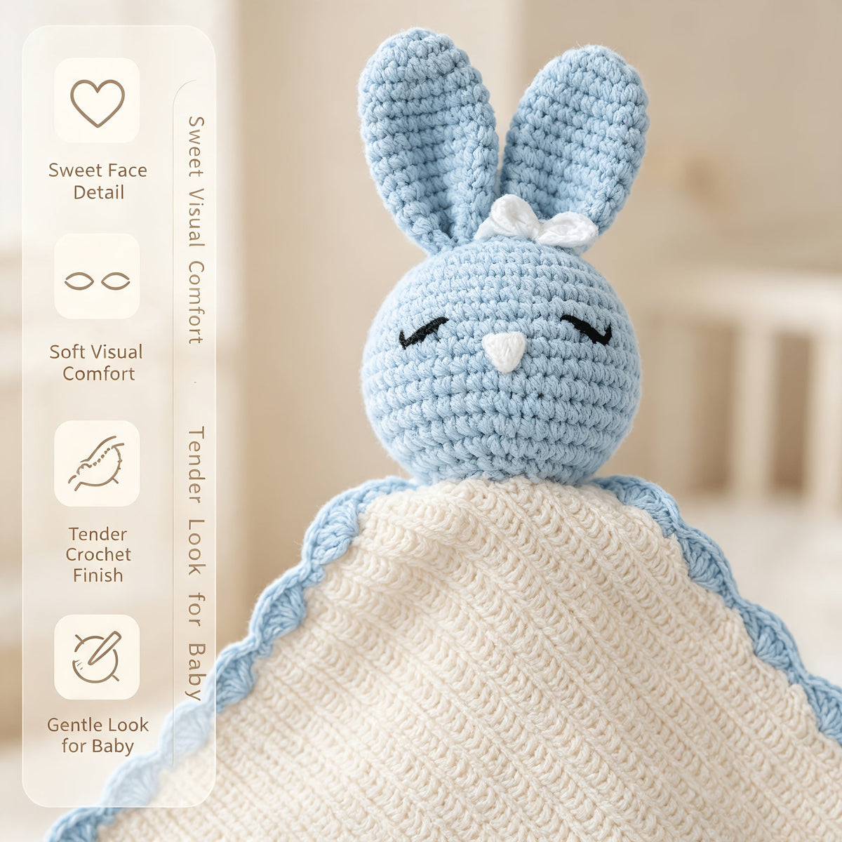 Doudou plat lapin au crochet, coloris bleu ciel